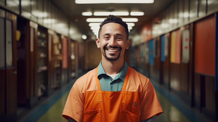 Portrait of a smiling african american male worker standing in corridor of a warehouseの素材