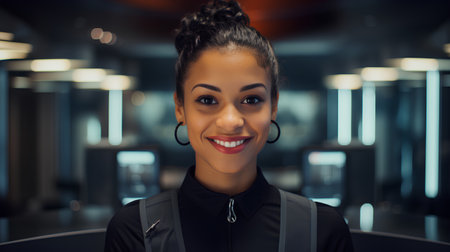 Portrait of smiling african american woman at hotel lobby.の素材