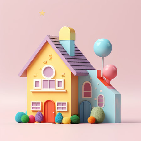 3d render of a cute house in pastel colors isolated on pink backgroundの素材