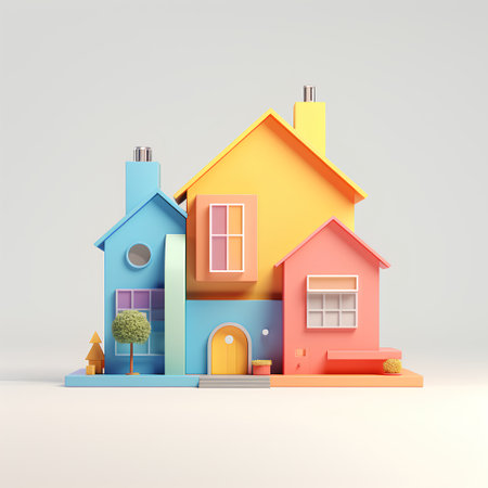 3d illustration of colorful houses isolated on grey background. Real estate concept.の素材