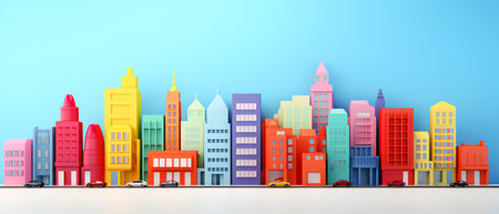 Cityscape with skyscrapers and cars on blue background. Vector illustration.の素材