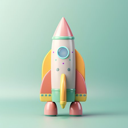 Space rocket isolated on green background. Minimalistic design. 3D renderingの素材