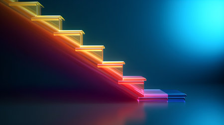 3d render of neon stairs on dark background. Glowing stairsの素材