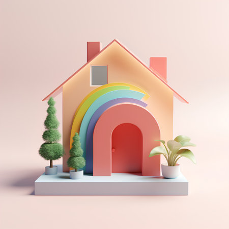 3d render of house with rainbow. Real estate concept. 3d illustrationの素材