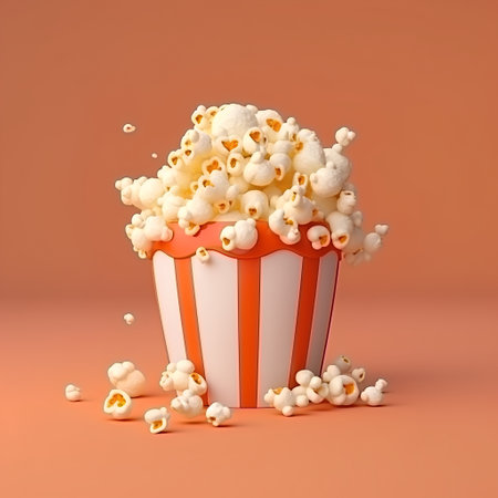 Popcorn in striped box isolated on orange background. 3d illustrationの素材