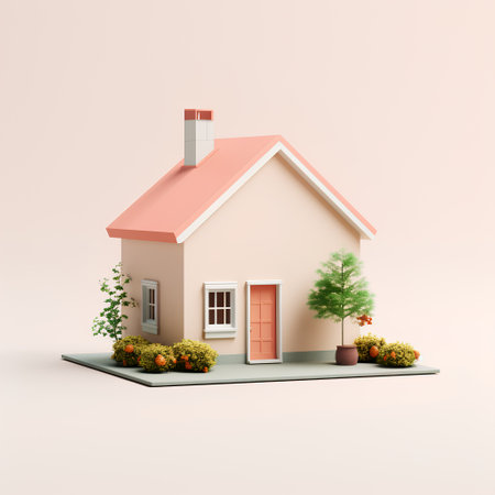 3d rendering of a small house with flowers and plants on the ground.の素材