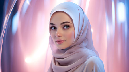 Beautiful muslim woman with white hijab looking at camera. 3d renderingの素材