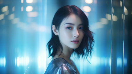 Portrait of young beautiful asian woman with blue light background.の素材