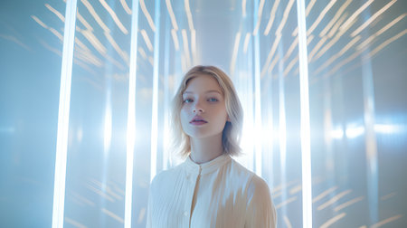 Portrait of a young woman in a white blouse on a background of blue lightsの素材