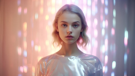 Portrait of a beautiful blonde girl on a background of colored lights.の素材