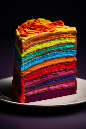 Rainbow crepe cake on a white plate on a dark backgroundの素材