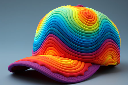 3d render of hat with rainbow pattern on a blue background.の素材