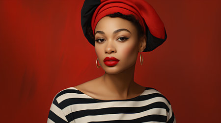 Fashion portrait of beautiful african american woman in black and white striped dress and red lips on red backgroundの素材