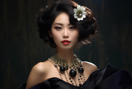 Fashion portrait of young beautiful asian woman with classic hairstyleの素材