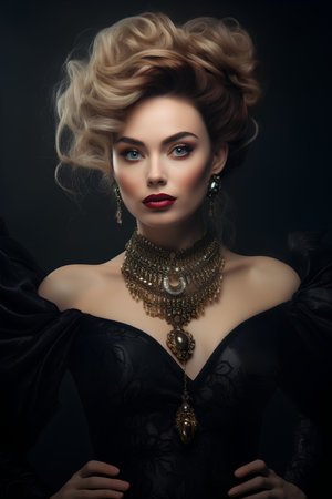 Fashion portrait of beautiful young woman with blond curly hair and evening make-up.の素材