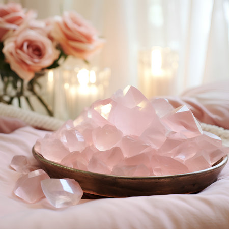 Rose quartz in a bowl on a bed. Selective focus.の素材