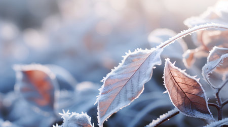 Frosted leaves in the morning sunlight. Beautiful natural background.の素材