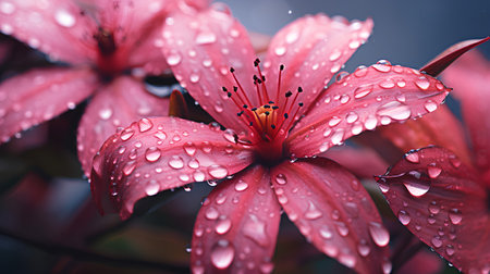 Beautiful pink lily flowers with raindrops on petals.の素材