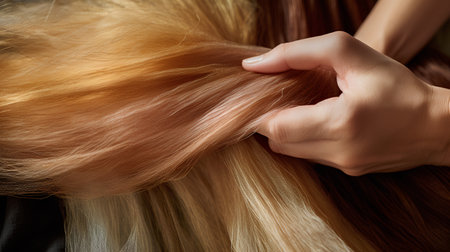 close up of a woman's hand combing her long blond hairの素材