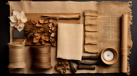 Wooden utensils and natural materials on a black background.の素材