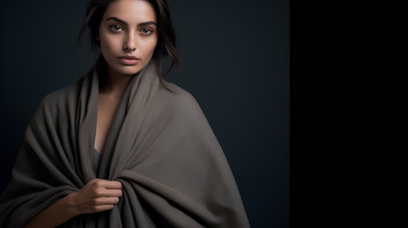 Beautiful young woman wrapped in a plaid. Black background.の素材