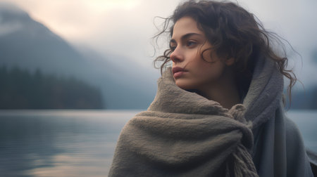 Portrait of a beautiful young woman wrapped in a blanket on the background of a mountain lakeの素材