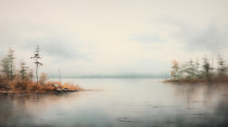 Foggy morning on the lake. Beautiful autumn landscape. Toned.の素材