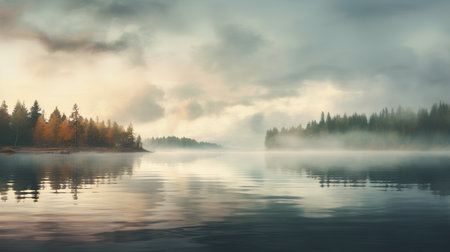 Foggy morning on the lake. Colorful autumn landscape with foggy lake and forest.の素材