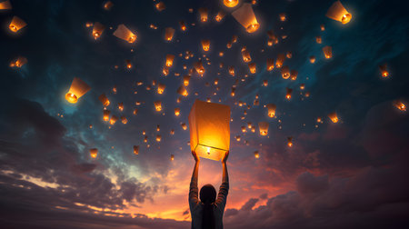 Hand holding paper lantern on sky background. Ramadan Kareem celebration conceptの素材