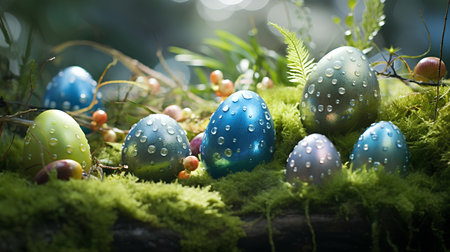Easter eggs in moss. Easter background. Happy Easter card.の素材