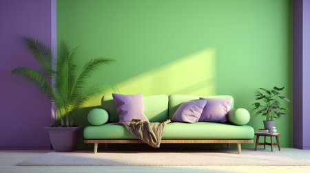 interior with green wall, sofa and plant 3d render illustrationの素材