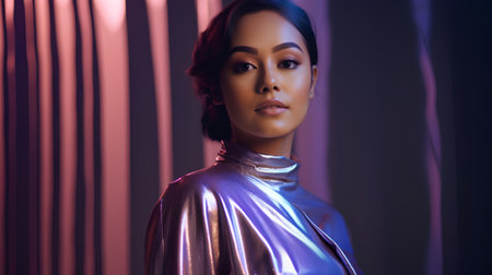 Fashionable portrait of a beautiful young woman in shiny silver dress.の素材