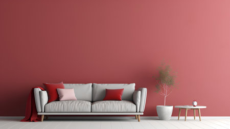 interior with red wall, sofa and vase. 3d renderの素材