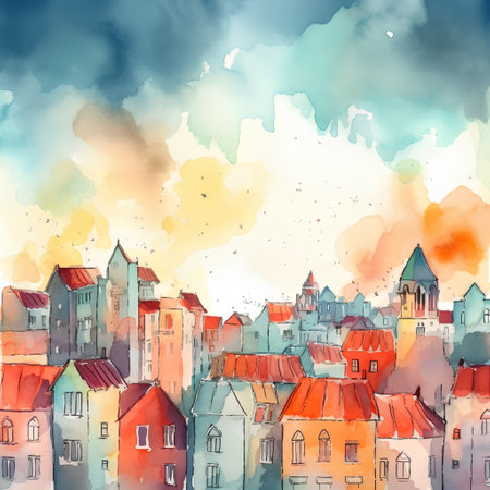 Watercolor cityscape. Hand drawn watercolor illustration for your designの素材