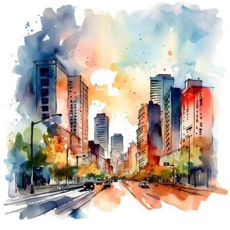 Watercolor illustration of a cityscape with buildings and roads. Modern architecture.の素材