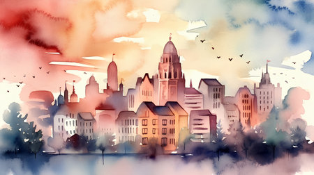 Watercolor illustration of a big city. Hand drawn watercolor illustration.の素材