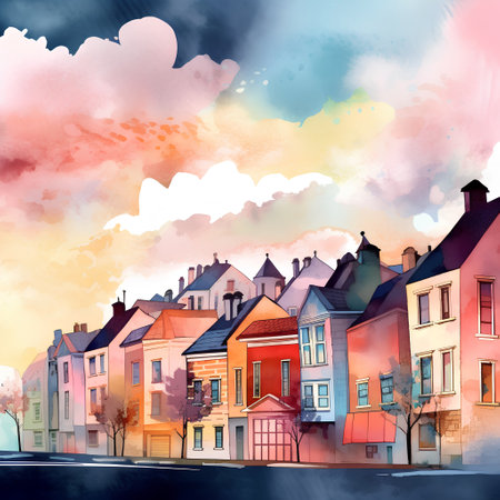 Watercolor background with the image of houses in the old town.の素材