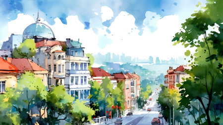 Cityscape of Prague, Czech Republic. Watercolor hand drawn illustrationの素材