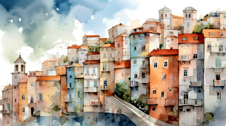 Watercolor painting of the old town of Rovinj, Croatiaの素材
