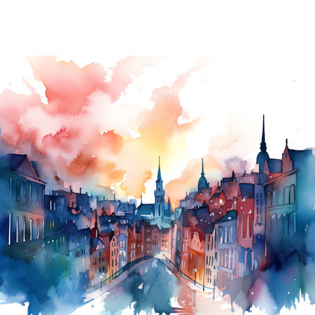 Watercolor cityscape of Gdansk, Poland. Hand drawn illustration.の素材