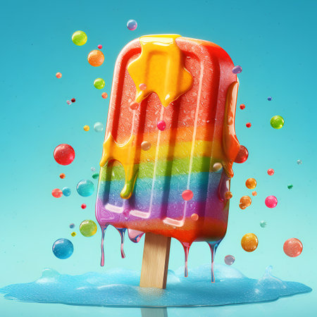 Colorful ice cream on stick with dripping dripping, 3d renderingの素材