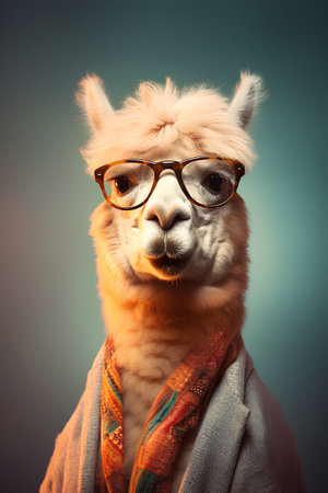 Portrait of a funny alpaca wearing glasses and scarf.の素材