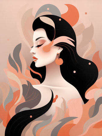 Beautiful girl with long black hair. Portrait of a beautiful woman. Vector illustration.の素材