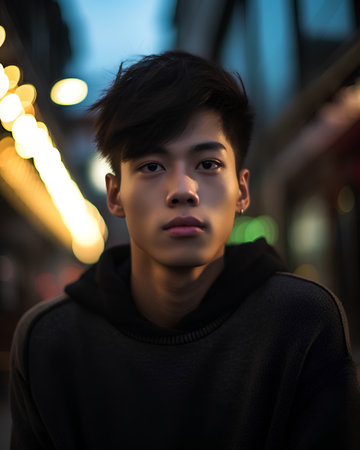 Portrait of a young asian man in the city at nightの素材