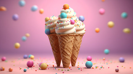 3d render of ice cream cone with colorful easter eggs on pink backgroundの素材