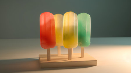 Colorful ice creams on a wooden stand, 3d renderの素材