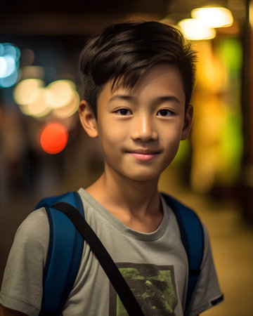 Portrait of a young asian boy with backpack in the cityの素材