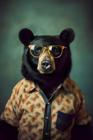 Hipster bear with glasses on dark background. Animal portrait.の素材