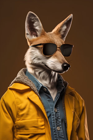 Fashion portrait of a fox wearing sunglasses and jacket on brown backgroundの素材