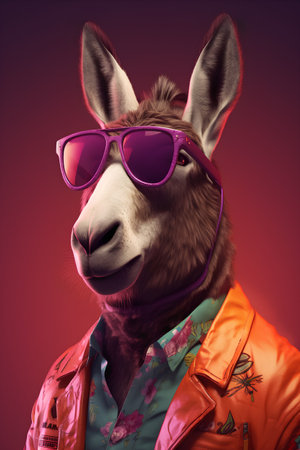 Portrait of a funny donkey wearing sunglasses on a red background.の素材